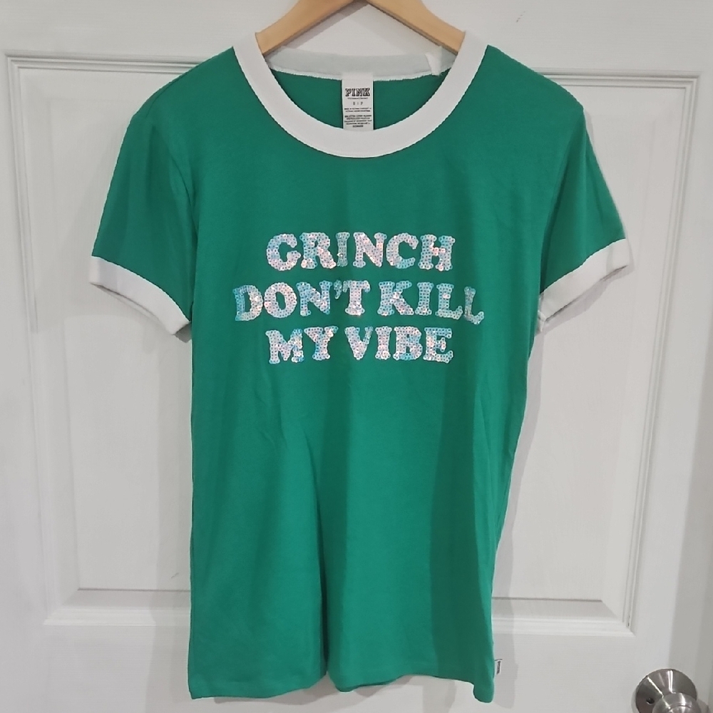 PINK Victoria's Secret Green Tee with White Accents